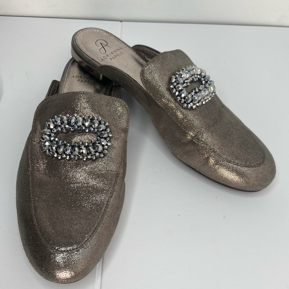 Adrianna Papell Metallic Silver Becky Loafers Mules w Embellished Jeweled Detail